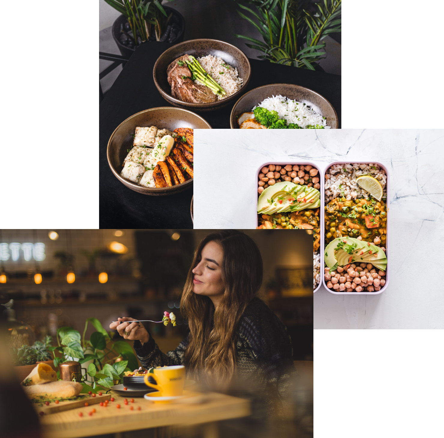 Women enjoying food,
meals in storage container, and food bowls on a table